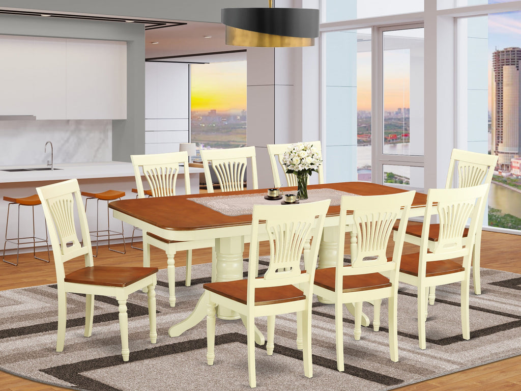 NAPL9-0FS-E 9-Piece Dining Ensemble Rectangular Table with Extension and 8 Wooden Chairs, Buttermilk & Cherry