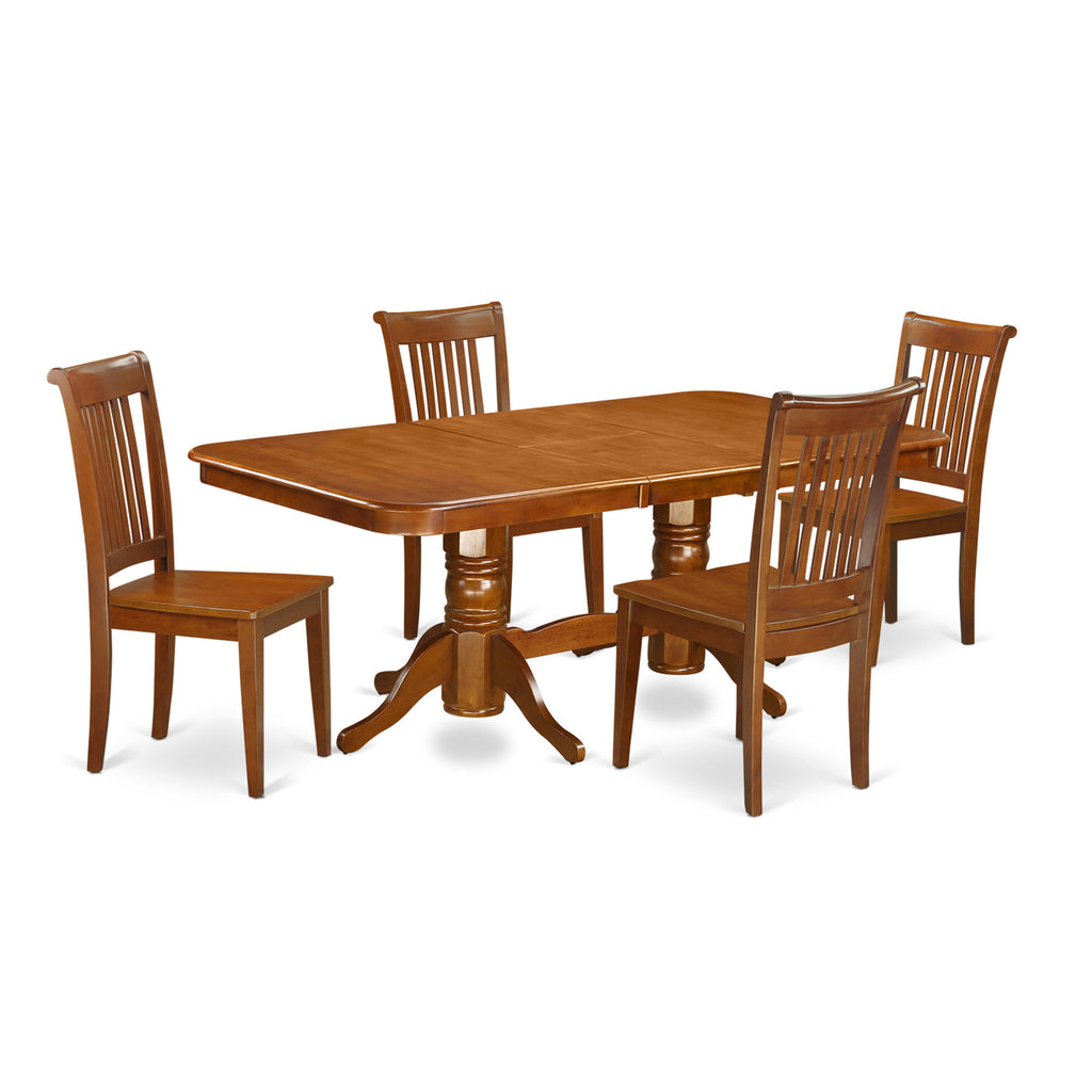 NAPO5-PMY-9 5-Piece Rectangle Dining Set with Butterfly Leaf and Chairs in Warm Saddle Brown