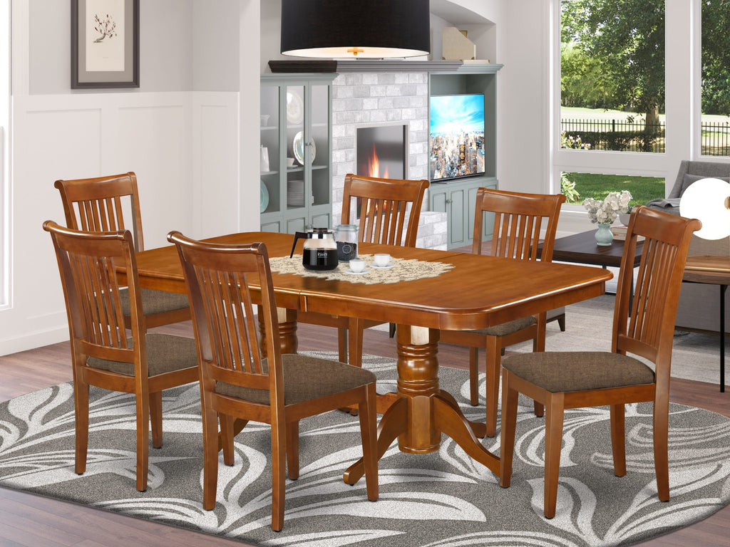 NAPO7-MNE-2 7-Piece Dining Set Rectangle Table with Butterfly Leaf & 6 Linen Chairs, 40x78 Inch, Brown