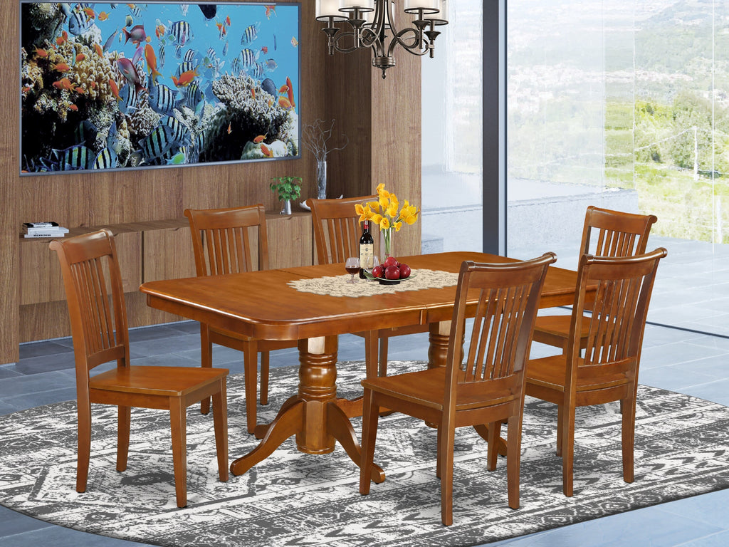 NAPO7-E0B-V Elegant 7-Piece Dining Ensemble Featuring Rectangular Table with Butterfly Leaf & Six Chairs, 40x78, Rich Saddle Hue