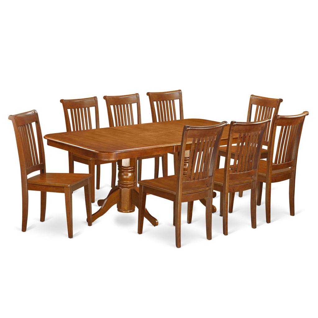 NAPO9-IIV-A 9-Piece Dining Ensemble Rectangle Table with Built-In Leaf & 8 Chairs, 40x78 Inch, Warm Saddle Brown Finish