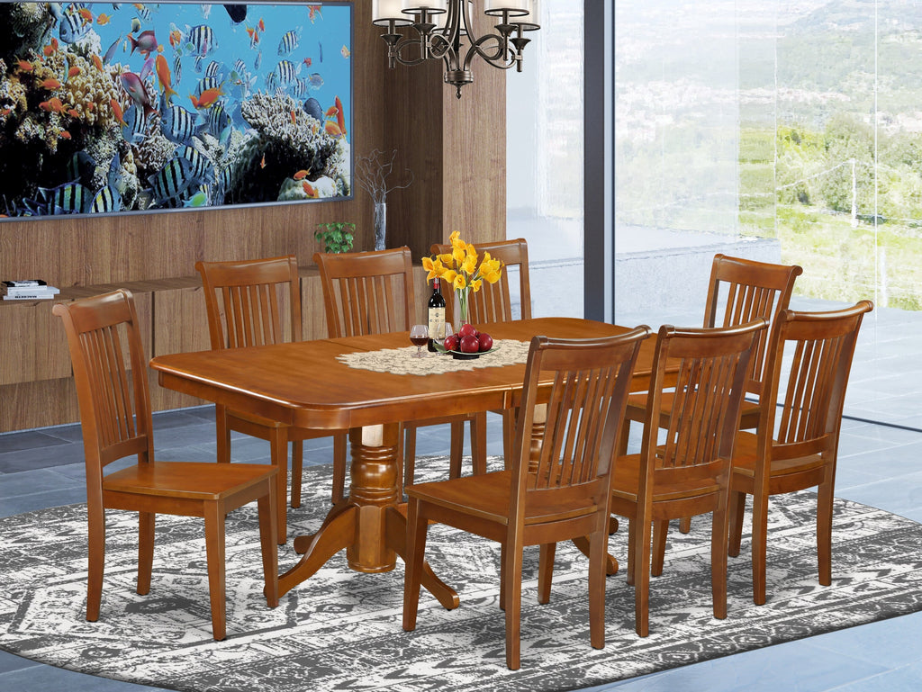 NAPO9-IIV-A 9-Piece Dining Ensemble Rectangle Table with Built-In Leaf & 8 Chairs, 40x78 Inch, Warm Saddle Brown Finish