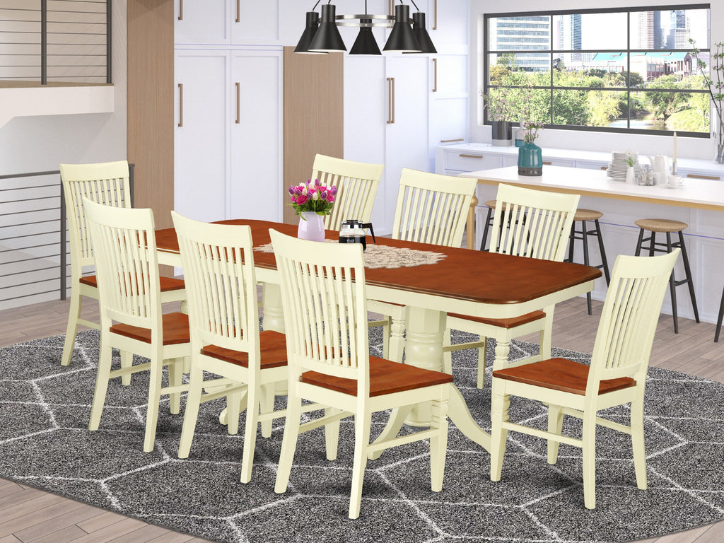 NAWE9-5NJ-J Elegant 9-Piece Table Set with Rectangle Extension and Chairs in Buttermilk & Cherry Finish