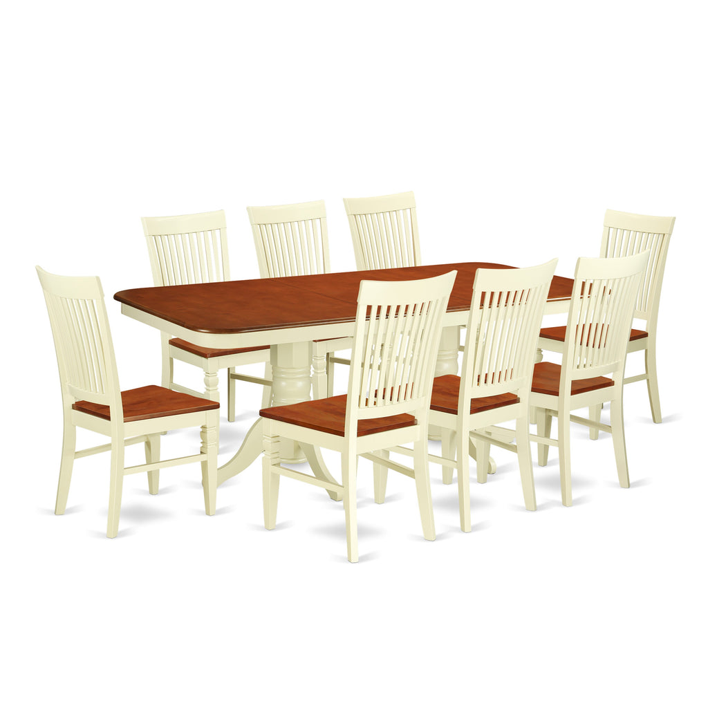 NAWE9-5NJ-J Elegant 9-Piece Table Set with Rectangle Extension and Chairs in Buttermilk & Cherry Finish