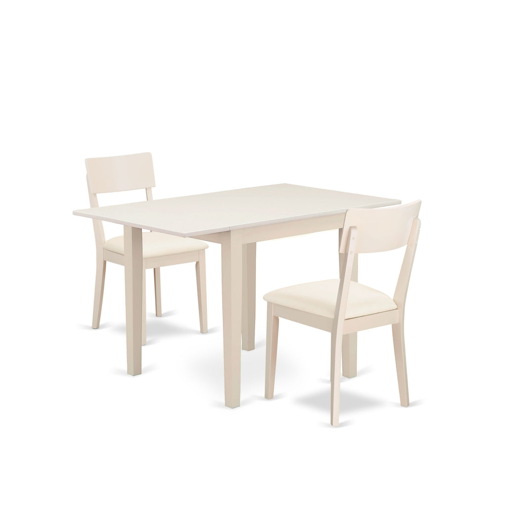 NDAD3-WFA-GU 3-Piece Dining Ensemble Featuring Dropleaf Table and Faux Leather Chair Duo - Linen White Finish