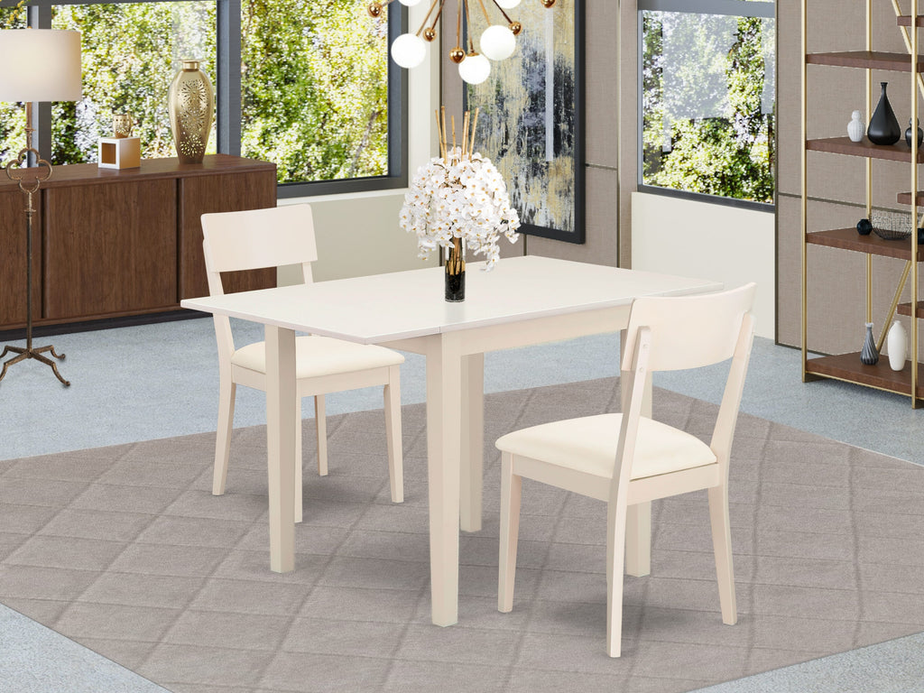 NDAD3-WFA-GU 3-Piece Dining Ensemble Featuring Dropleaf Table and Faux Leather Chair Duo - Linen White Finish