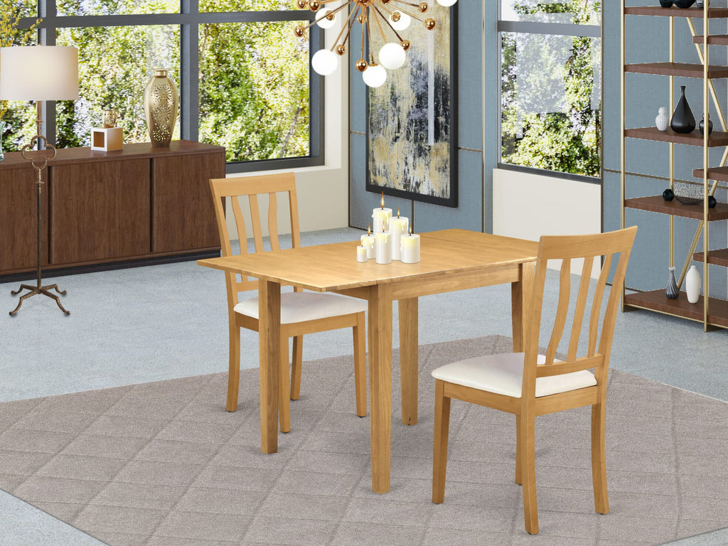 NDAN3-5MW-A7 Compact 3-Piece Drop Leaf Dining Set with Faux Leather Chairs and 30x48 Oak Table