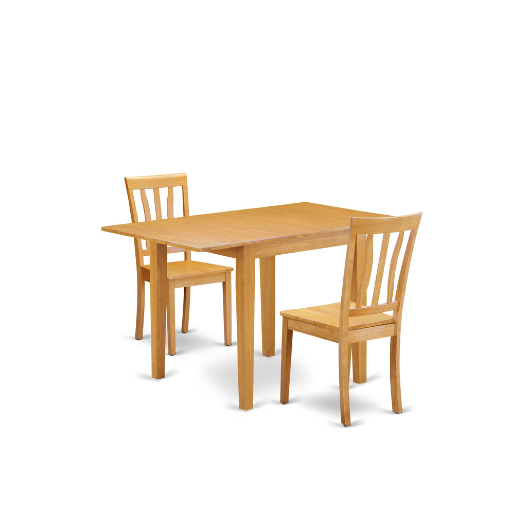 NDAN3-39M-U 3-Piece Dining Set Oak Finish with Drop Leaf Table and Two Wooden Chairs, 30x48 Inches