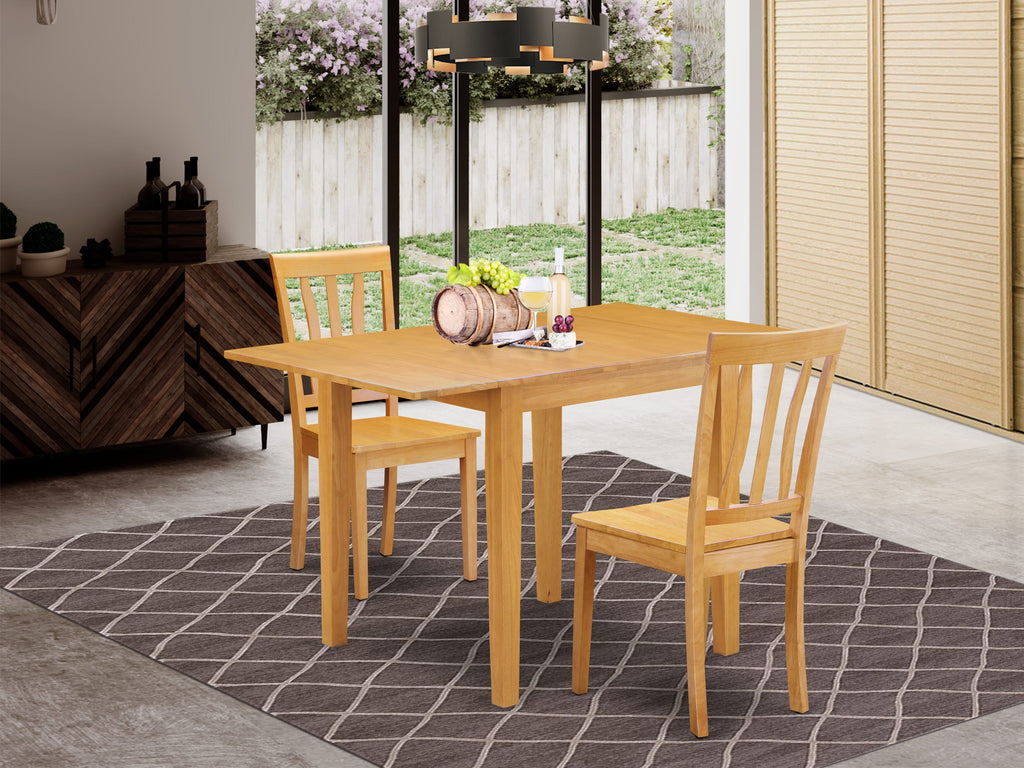 NDAN3-39M-U 3-Piece Dining Set Oak Finish with Drop Leaf Table and Two Wooden Chairs, 30x48 Inches