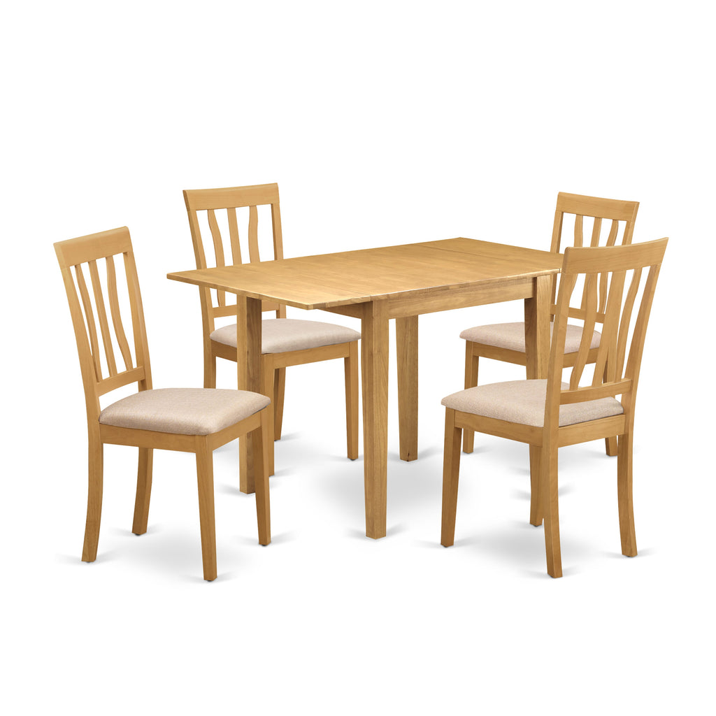 Exquisite NDAN5-NTU-D Dining Ensemble 5-Piece Rectangular Table with Dropleaf & 4 Upholstered Chairs, Oak Finish