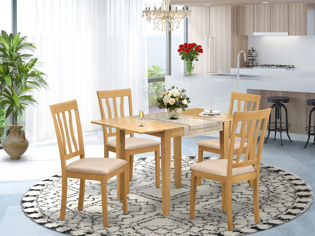 Exquisite NDAN5-NTU-D Dining Ensemble 5-Piece Rectangular Table with Dropleaf & 4 Upholstered Chairs, Oak Finish