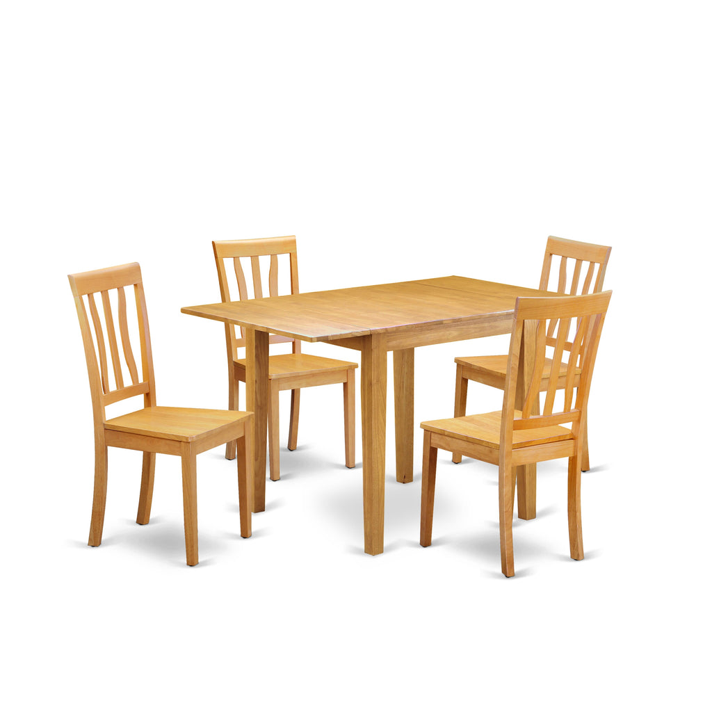 NDAN5-A72-B Elegant 5 Piece Dining Set Rectangular Table with Drop Leaf and 4 Chairs, 30x48 in Oak Finish