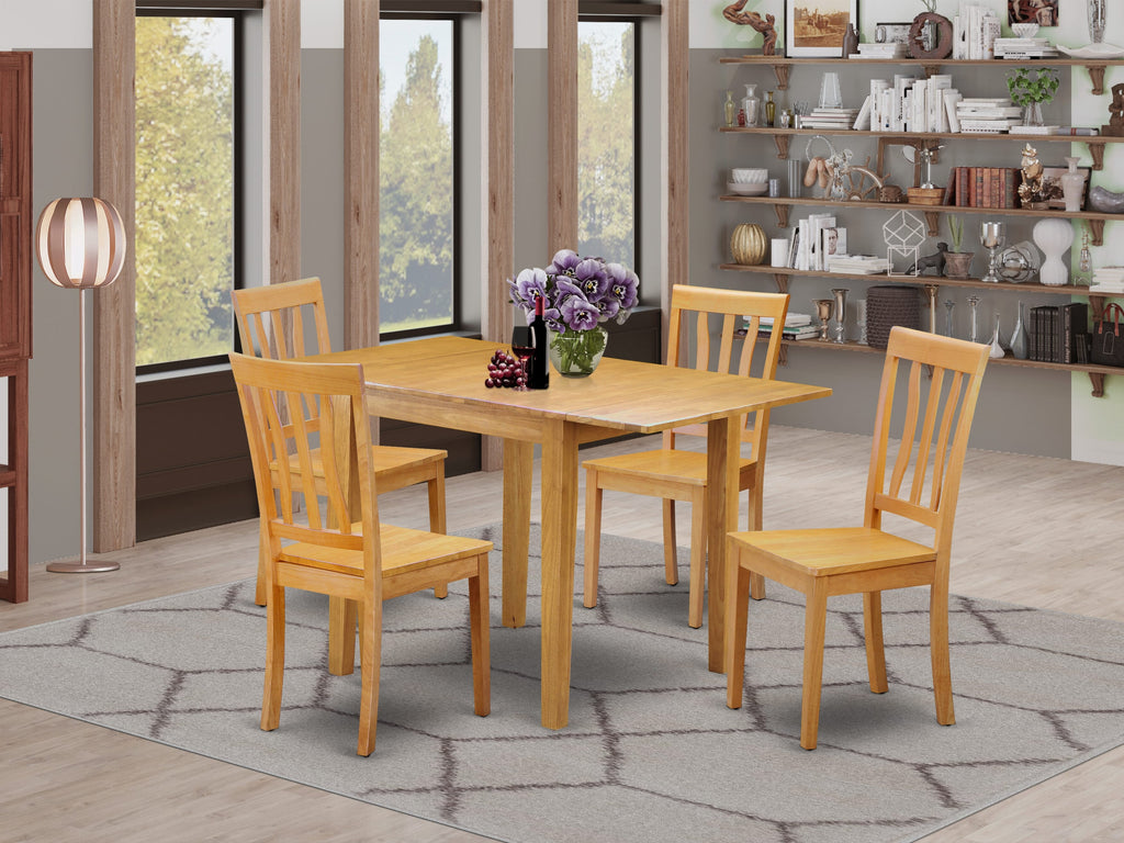 NDAN5-A72-B Elegant 5 Piece Dining Set Rectangular Table with Drop Leaf and 4 Chairs, 30x48 in Oak Finish