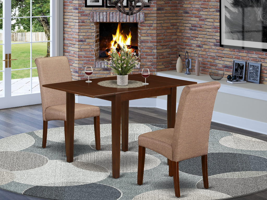 NDBA3-V55-44 Mahogany 3-Piece Dining Set with Drop Leaf Table & Brown Parson Chairs, 30x48