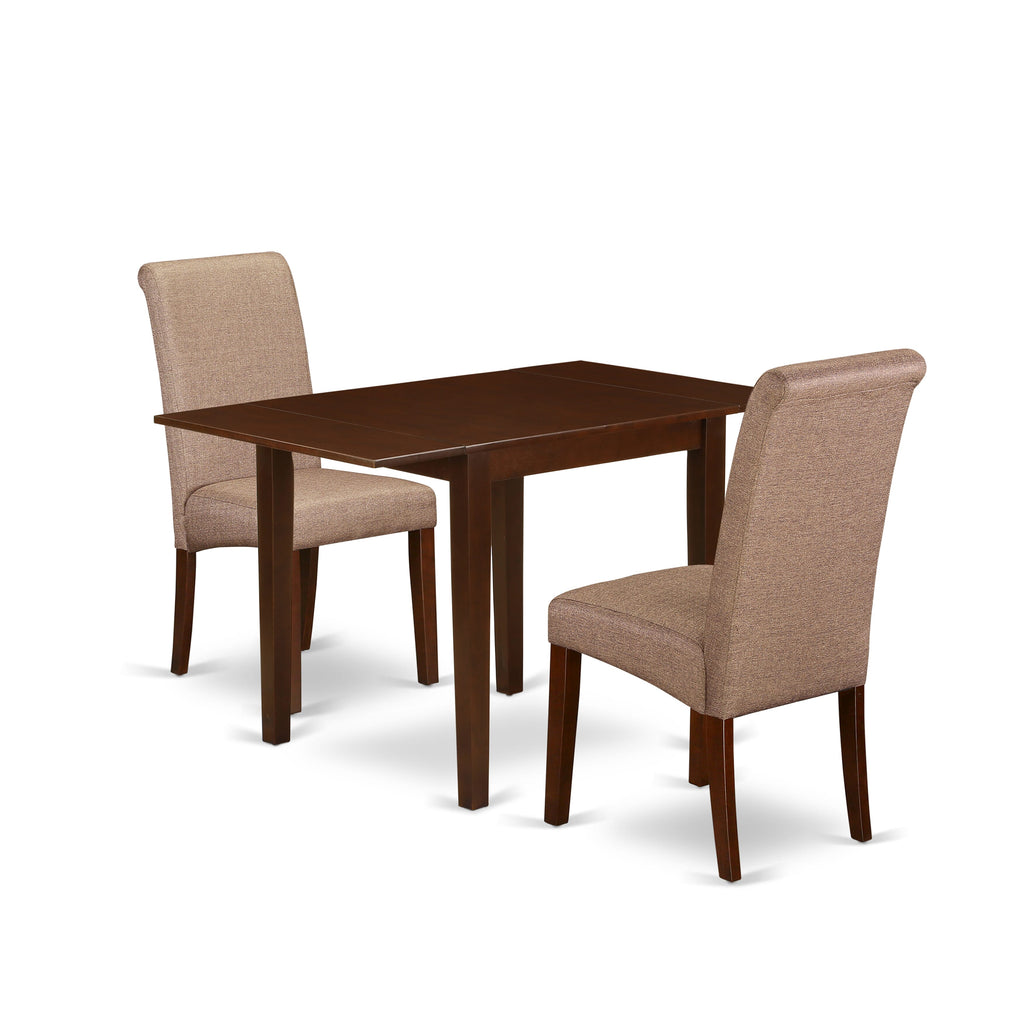 NDBA3-V55-44 Mahogany 3-Piece Dining Set with Drop Leaf Table & Brown Parson Chairs, 30x48