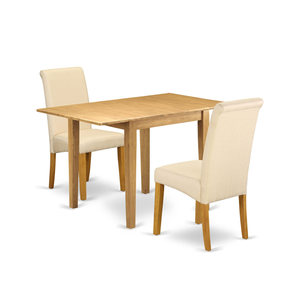 NDBA3-XI3-2X 3 Piece Set Rectangle Wooden Drop-leaf Table with 2 Beige Linen Upholstered Chairs, 30x48 Oak Elegant Dining Style