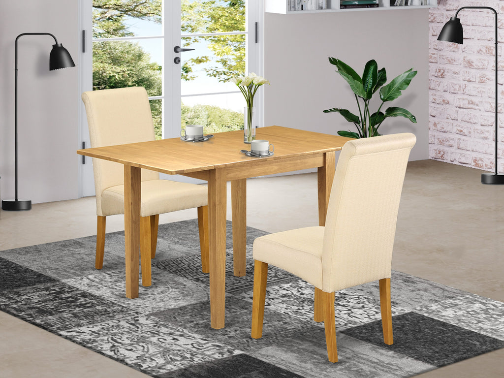 NDBA3-XI3-2X 3 Piece Set Rectangle Wooden Drop-leaf Table with 2 Beige Linen Upholstered Chairs, 30x48 Oak Elegant Dining Style