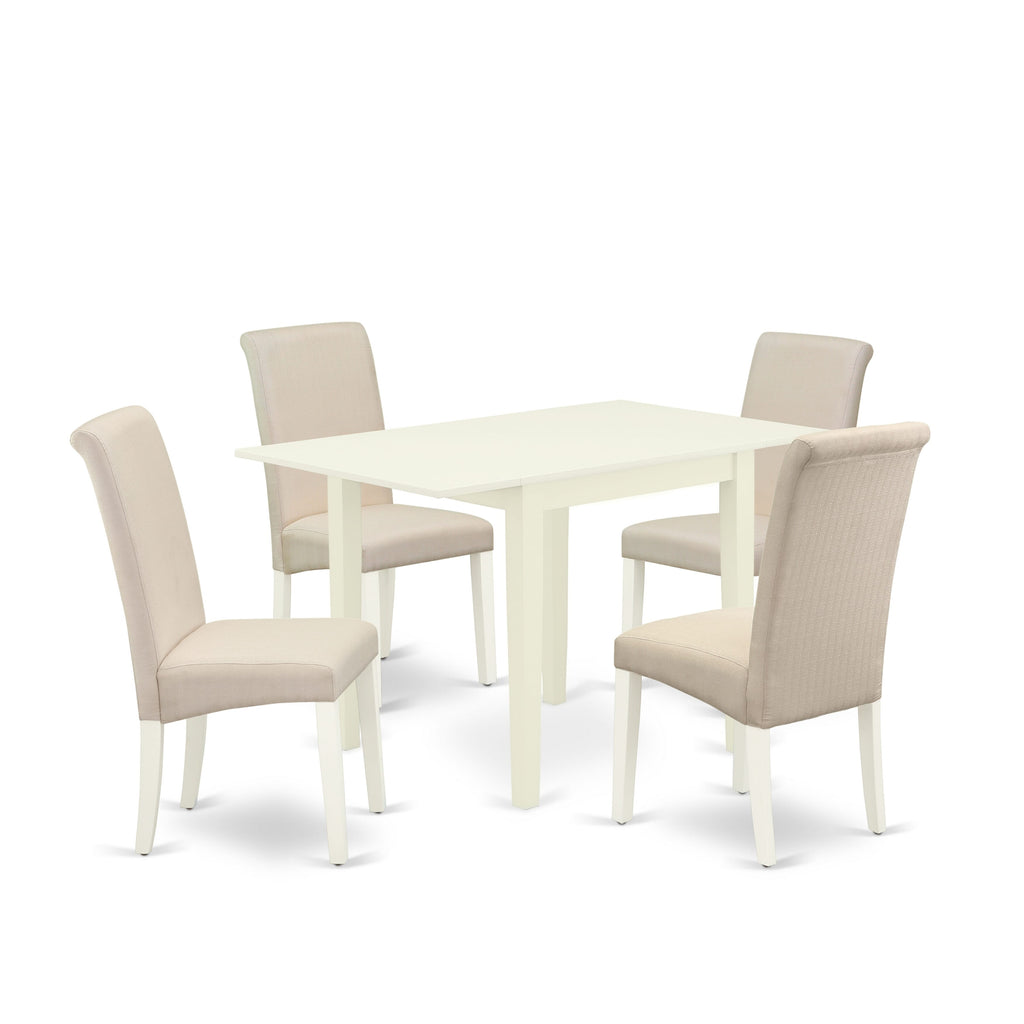 NDBA5-NTC-2N 5-Piece Set Rectangular Kitchen Table with Dropleaf and 4 Parson Chairs in Cream Linen Fabric, 30x48, Antique White Finish