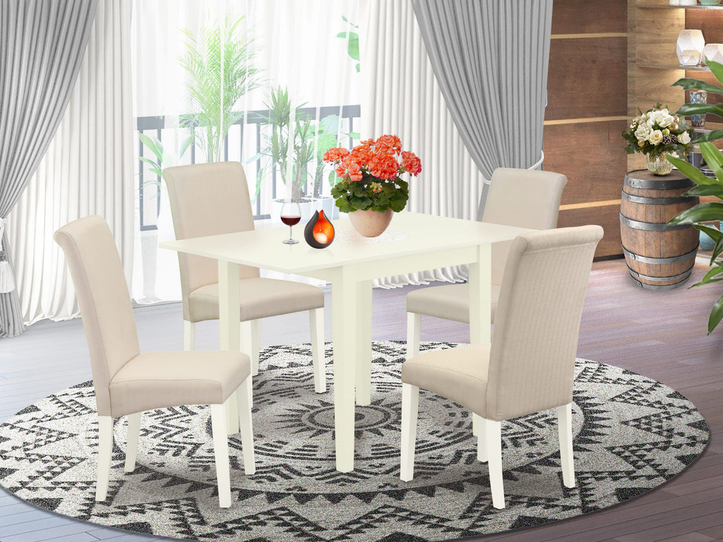 NDBA5-NTC-2N 5-Piece Set Rectangular Kitchen Table with Dropleaf and 4 Parson Chairs in Cream Linen Fabric, 30x48, Antique White Finish