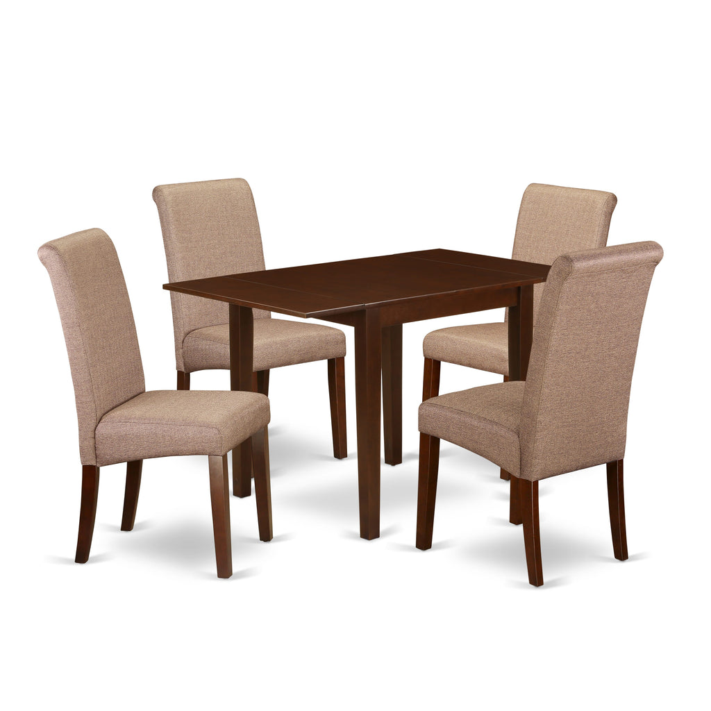 NDBA5-DHM-12 5-Piece Dining Ensemble with Drop Leaf Table & 4 Brown Linen Parson Chairs for Small Spaces, Mahogany
