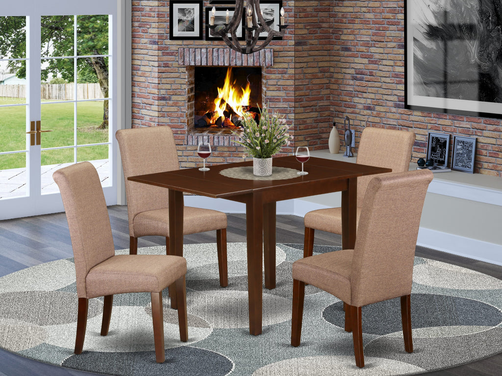 NDBA5-DHM-12 5-Piece Dining Ensemble with Drop Leaf Table & 4 Brown Linen Parson Chairs for Small Spaces, Mahogany