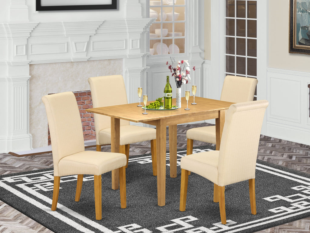 NDBA5-1AN-B7 Dining Set Oak Table with Dropleaf, Light Beige Seats, 5-Piece Hardwood Parsons Decor