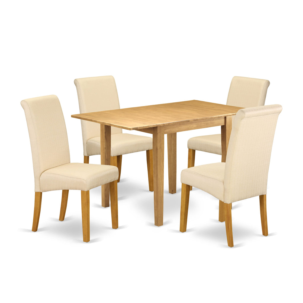 NDBA5-1AN-B7 Dining Set Oak Table with Dropleaf, Light Beige Seats, 5-Piece Hardwood Parsons Decor