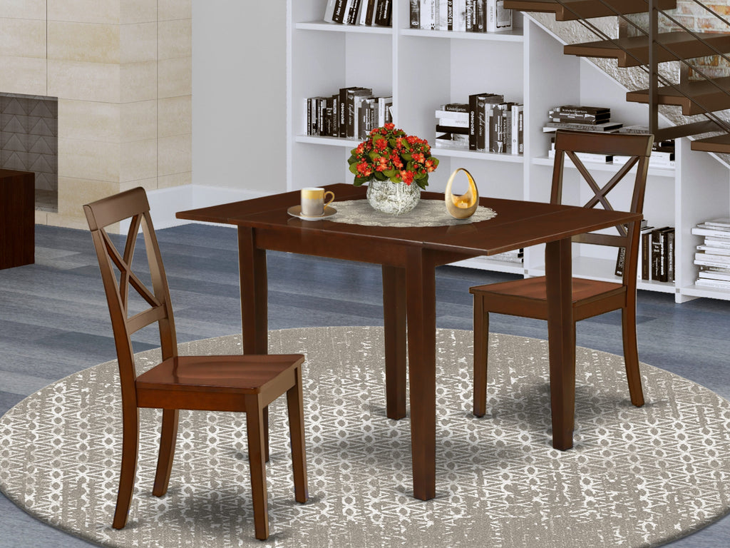 NDBO3-QID-T Triple Set Drop Leaf Rectangle Table & Dual Wood Chairs, Mahogany Finish, 30x48 Inches