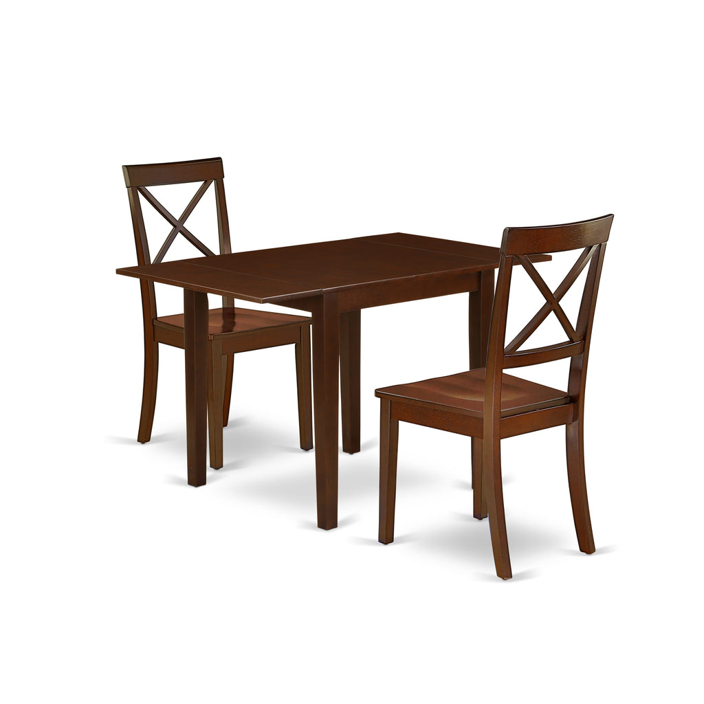 NDBO3-QID-T Triple Set Drop Leaf Rectangle Table & Dual Wood Chairs, Mahogany Finish, 30x48 Inches