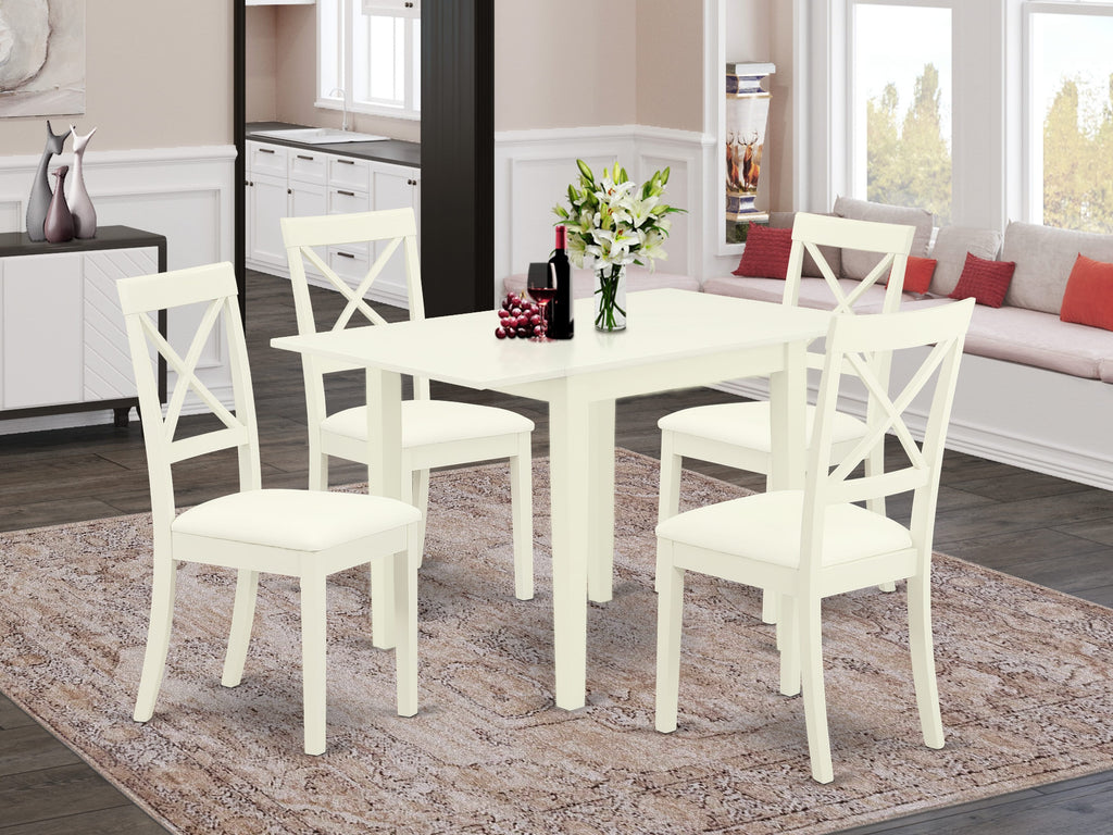 NDBO5-V3Y-G3 5-Piece Dining Set with Drop Leaf Table & Faux Leather Chairs, White Elegance