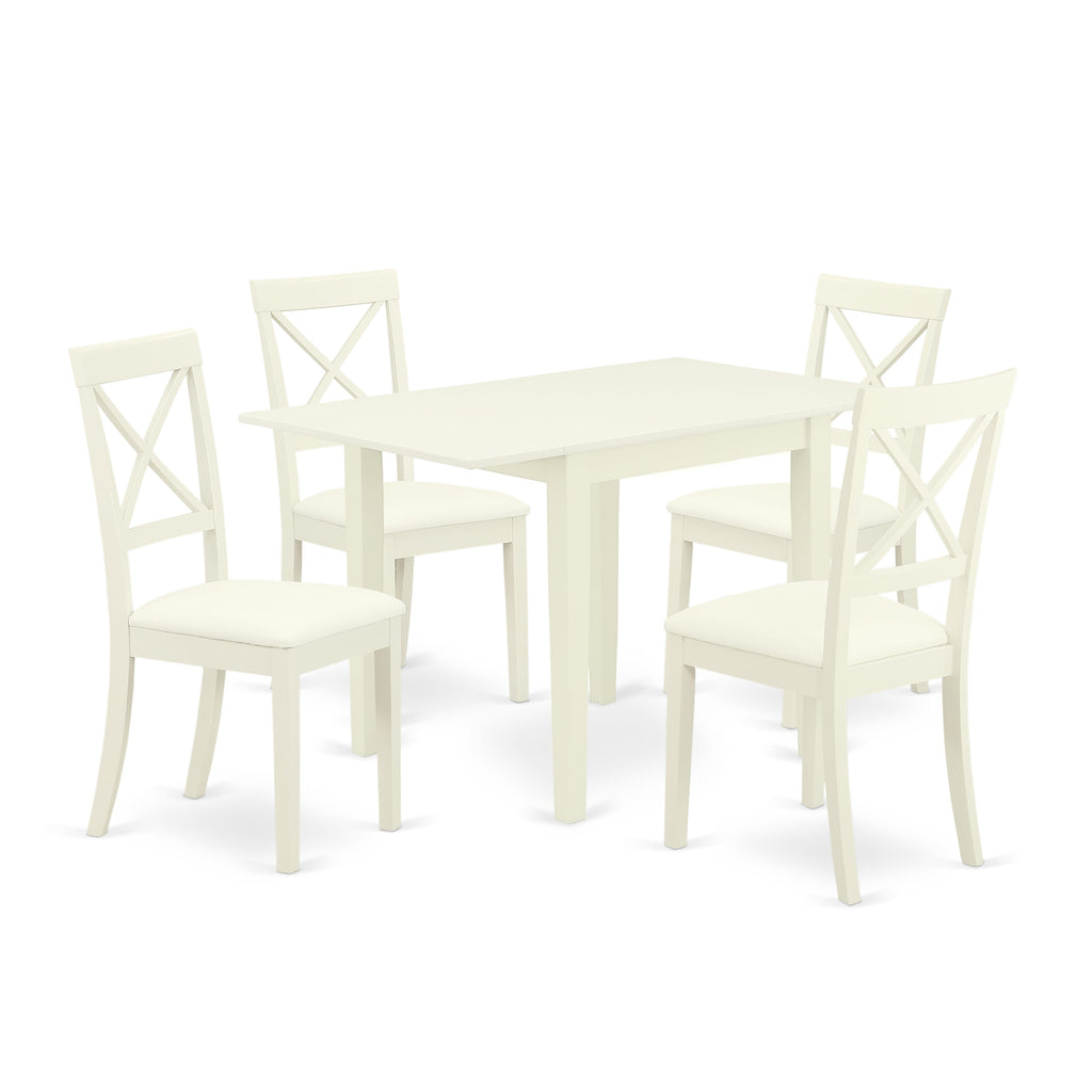 NDBO5-V3Y-G3 5-Piece Dining Set with Drop Leaf Table & Faux Leather Chairs, White Elegance
