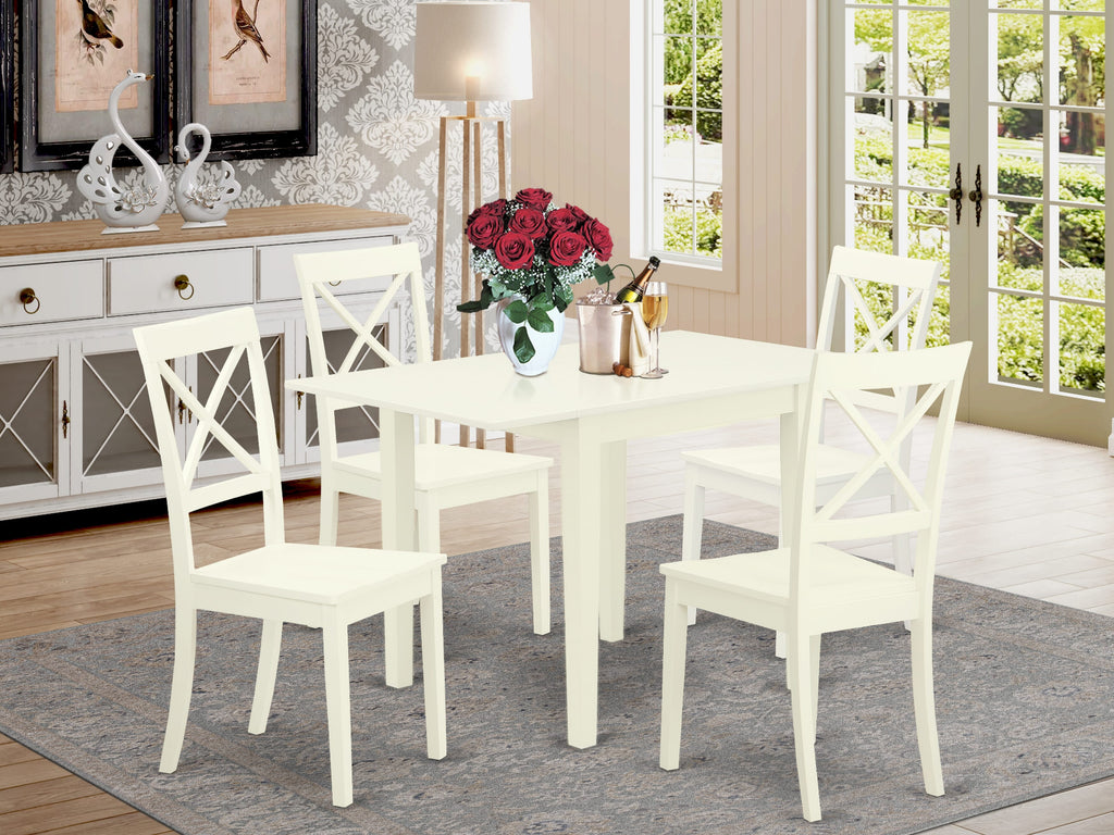 NDBO5-2ZB-8 5-Piece Set with Rectangle Dropleaf Table & 4 Chairs, Linen White Finish, 30x48 Inch