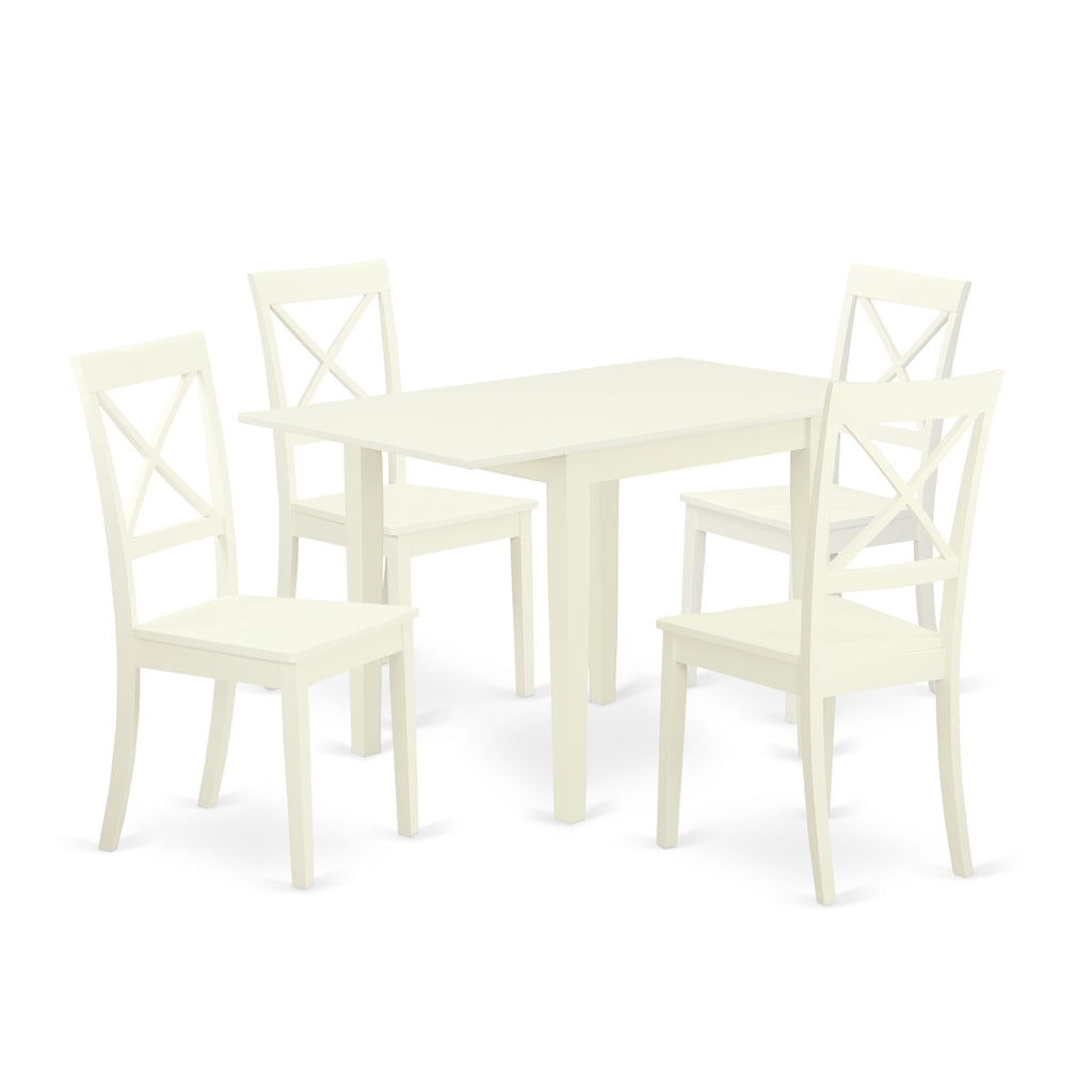 NDBO5-2ZB-8 5-Piece Set with Rectangle Dropleaf Table & 4 Chairs, Linen White Finish, 30x48 Inch