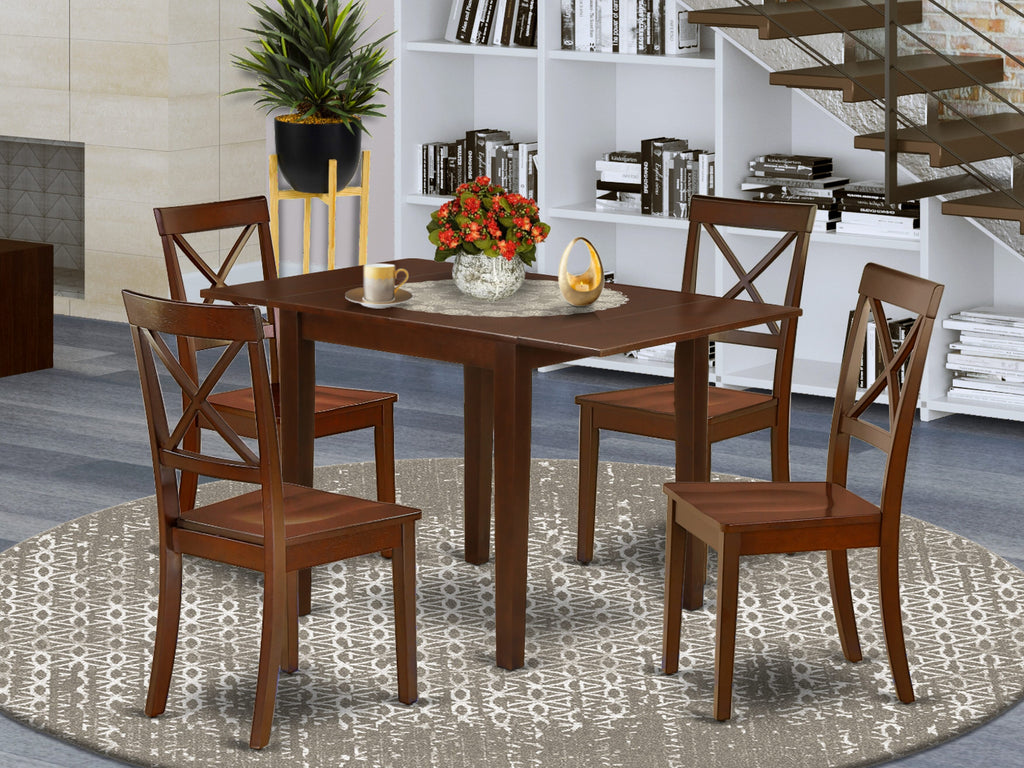 NDBO5-7C6-Z 5-Piece Rectangular Dropleaf Dining Table and Chairs Set, 30x48 Inch, Mahogany Finish