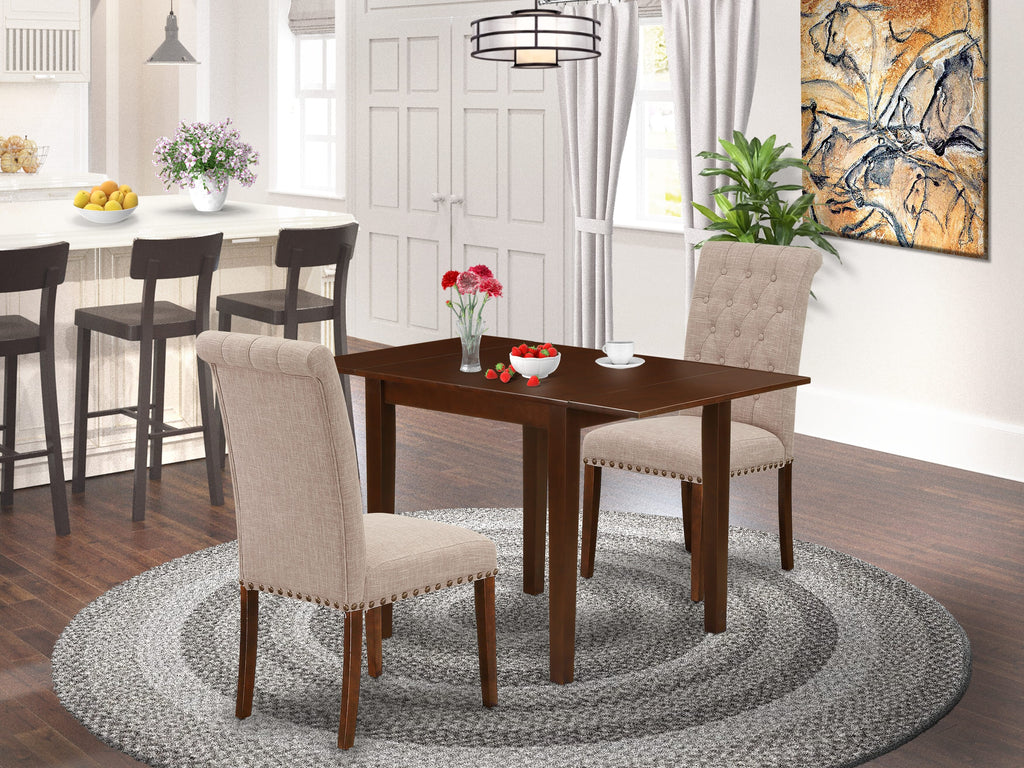 NDBR3-JE3-OA 3-Piece Dining Area Set Drop Leaf Table & Tan Upholstered Chairs, 30x48, Mahogany Finish