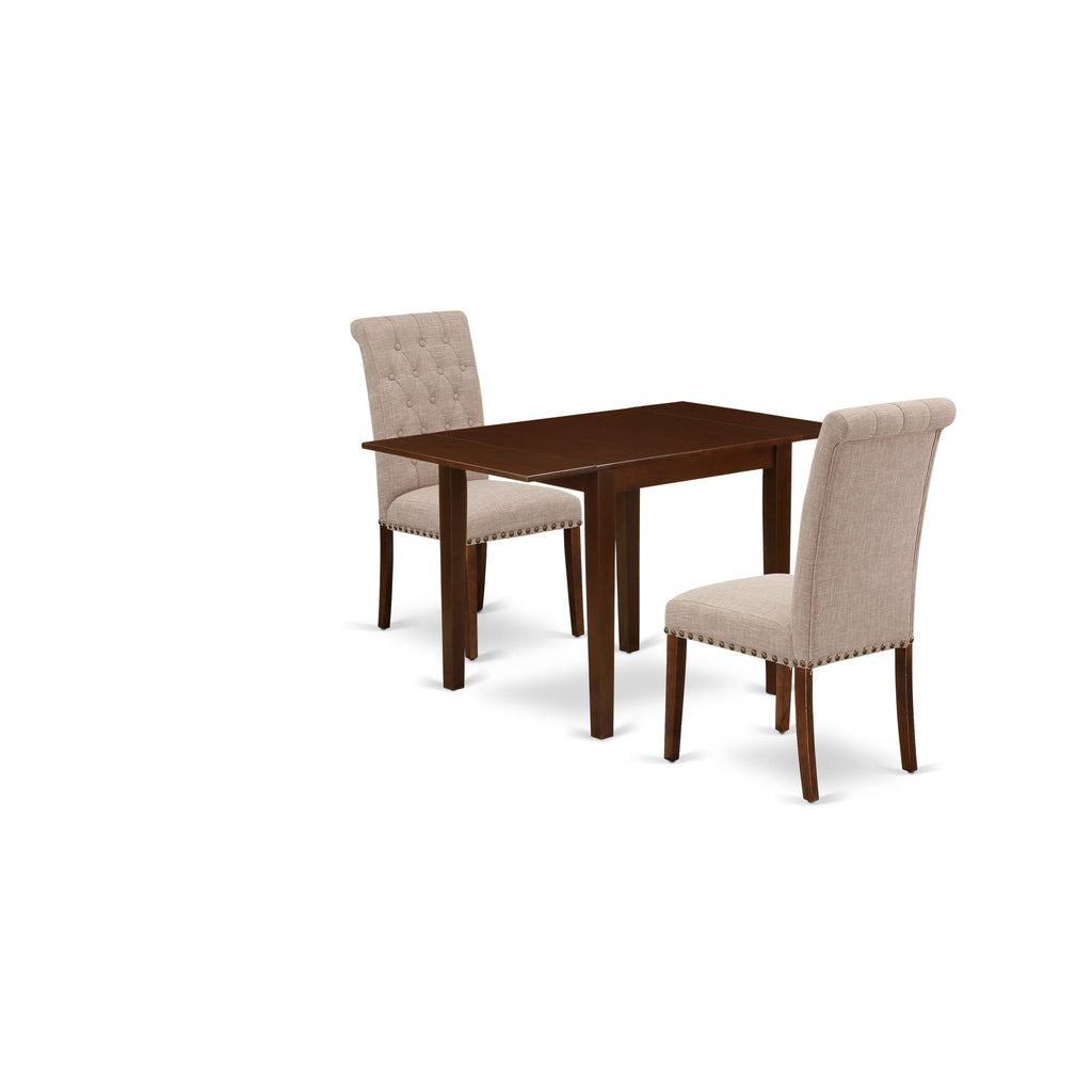 NDBR3-JE3-OA 3-Piece Dining Area Set Drop Leaf Table & Tan Upholstered Chairs, 30x48, Mahogany Finish