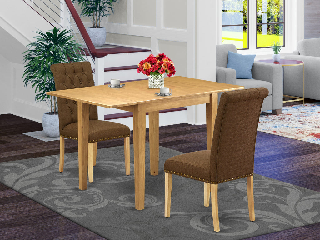 NDBR3-0TB-5C Versatile 3-Piece Oak Dining Set with Dropleaf Rectangle Table & Brown Fabric Upholstered Chairs