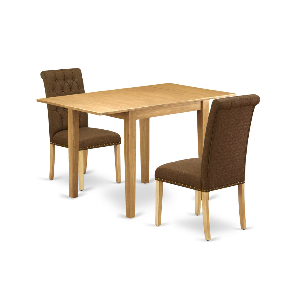 NDBR3-0TB-5C Versatile 3-Piece Oak Dining Set with Dropleaf Rectangle Table & Brown Fabric Upholstered Chairs