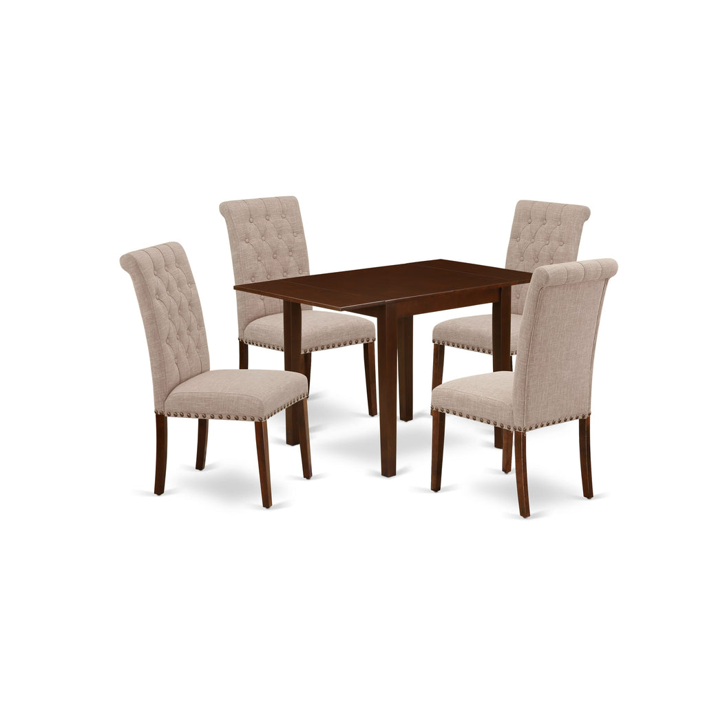 Dining Set NDBR5-7M9-RA 5-Piece with Rectangular Dropleaf Table & 4 Beige Upholstered Chairs, Mahogany