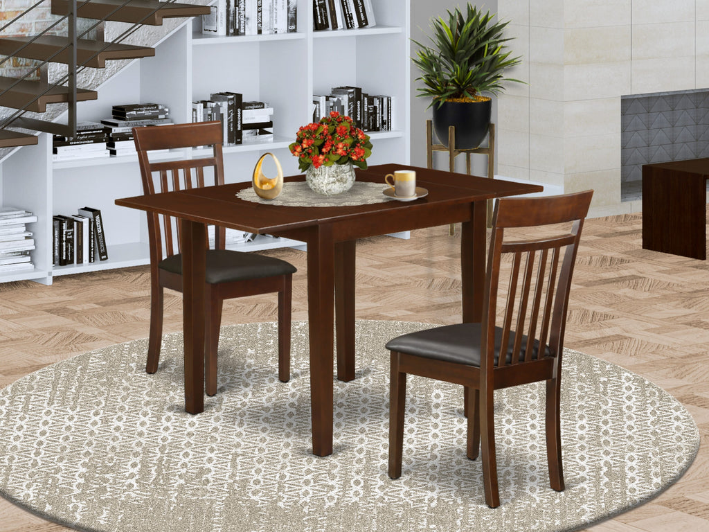 NDCA3-10Q-BY 3-Piece Dining Collection with Rectangular Drop-leaf Table and Two Faux Leather Chairs for Compact Areas, Mahogany Finish