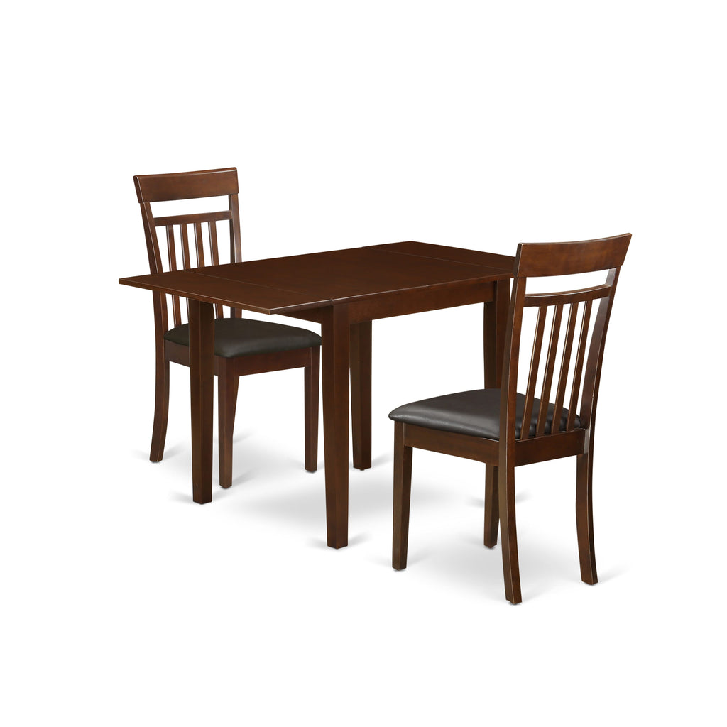 NDCA3-10Q-BY 3-Piece Dining Collection with Rectangular Drop-leaf Table and Two Faux Leather Chairs for Compact Areas, Mahogany Finish