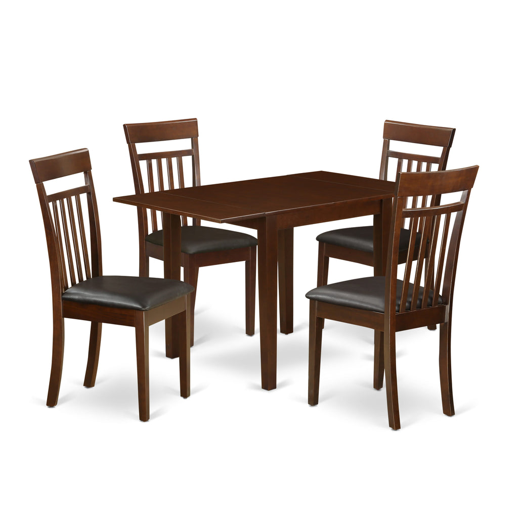NDCA5-9WY-KO 5 Piece Chic Table Set - Rectangle Drop-Leaf with Faux Leather Chairs, 30x48 In, Mahogany Finish