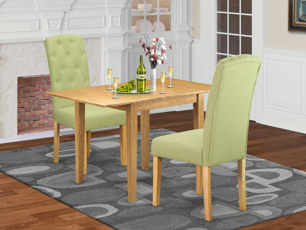NDCE3-8G1-AZ 3-Piece Dining Ensemble with Rectangle Dropleaf Table & Two Limelight Upholstered Chairs, 30x48 in, Oak Finish