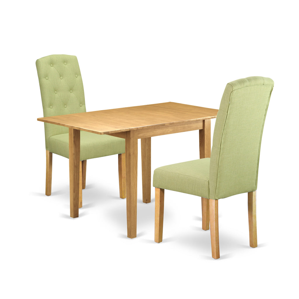 NDCE3-8G1-AZ 3-Piece Dining Ensemble with Rectangle Dropleaf Table & Two Limelight Upholstered Chairs, 30x48 in, Oak Finish