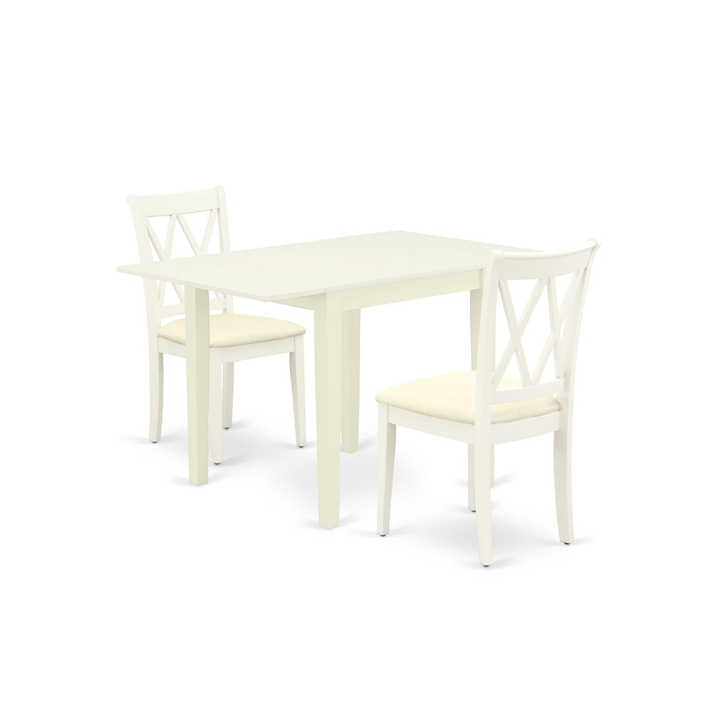NDCL3-846-O Compact 3-Piece Ensemble Rectangle Table, Dropleaf, & Upholstered Chairs, Linen White