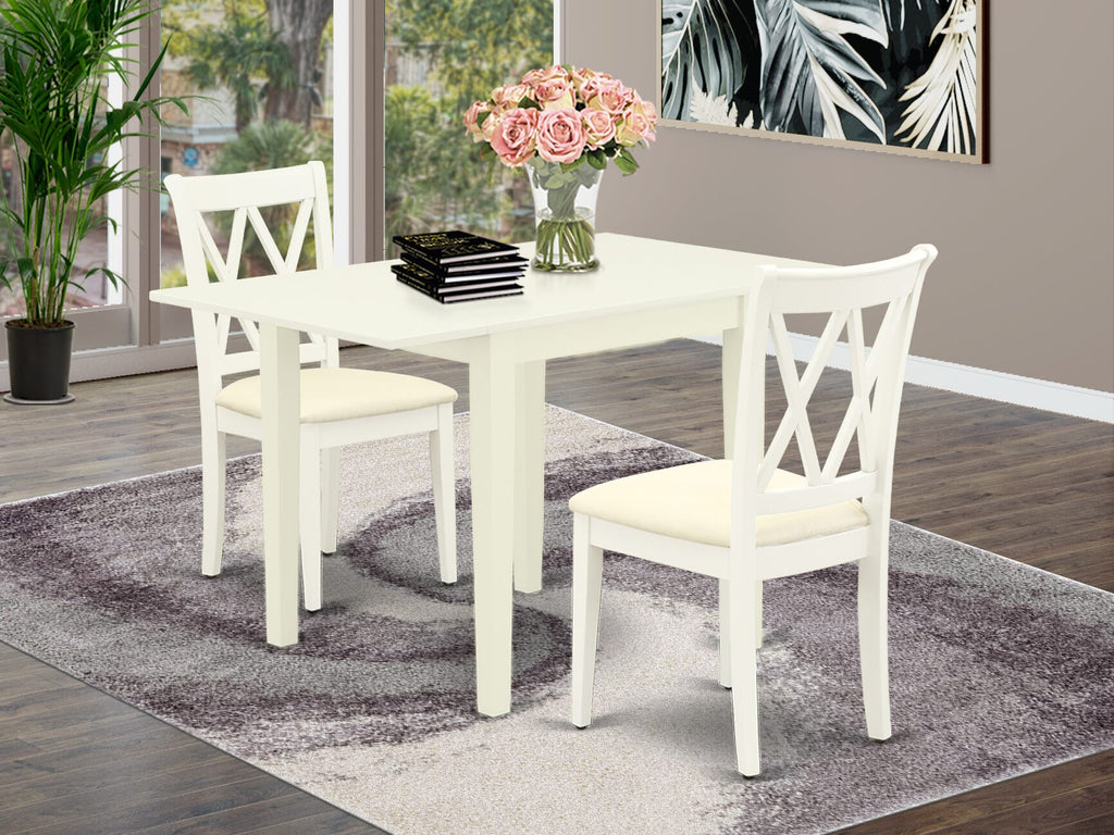 NDCL3-846-O Compact 3-Piece Ensemble Rectangle Table, Dropleaf, & Upholstered Chairs, Linen White