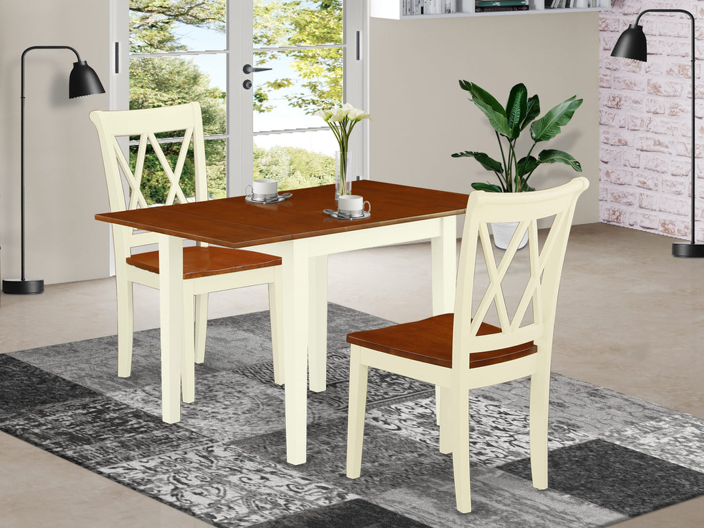 NDCL3-BZ2-3 3 Piece Compact Dining Set Drop Leaf Table with Chairs in Buttermilk & Cherry Finish, 30x48