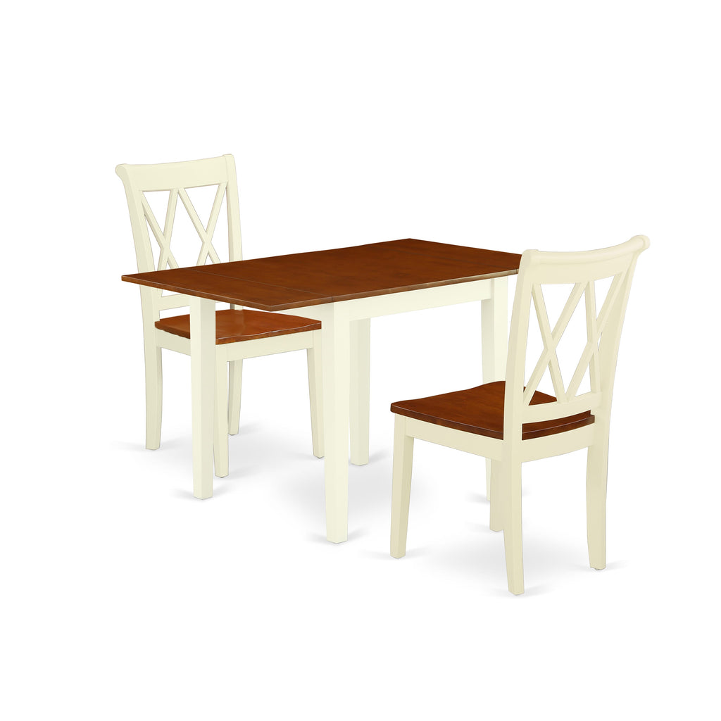 NDCL3-BZ2-3 3 Piece Compact Dining Set Drop Leaf Table with Chairs in Buttermilk & Cherry Finish, 30x48