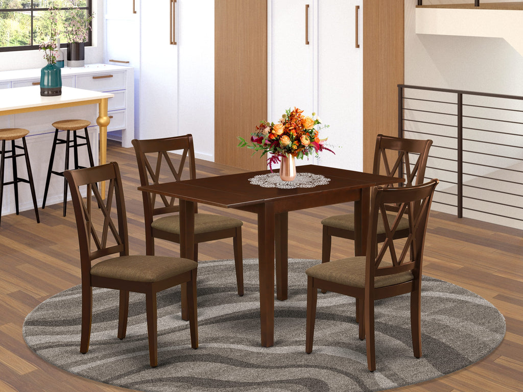 Charming NDCL5-F5M-H 5-Piece Dining Ensemble with Dropleaf Table & Upholstered Chairs, Mahogany Accent