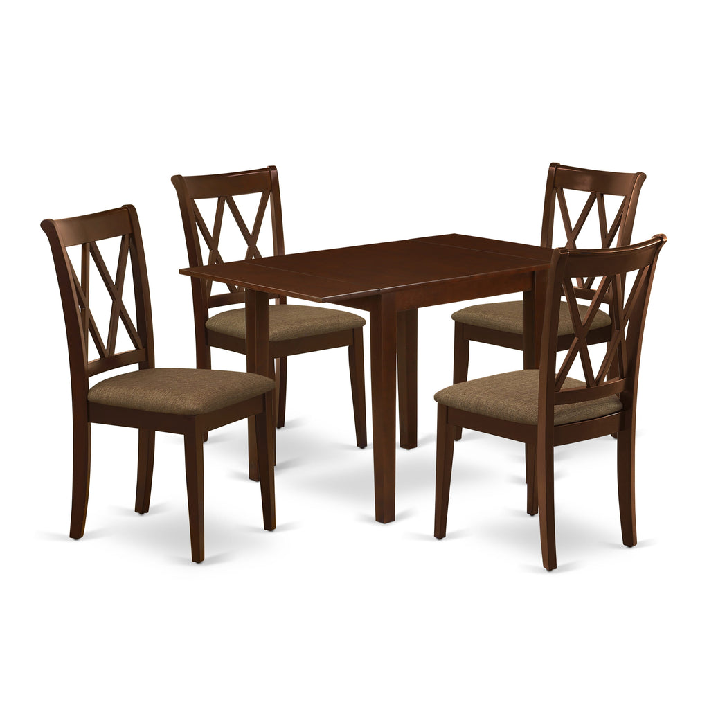 Charming NDCL5-F5M-H 5-Piece Dining Ensemble with Dropleaf Table & Upholstered Chairs, Mahogany Accent